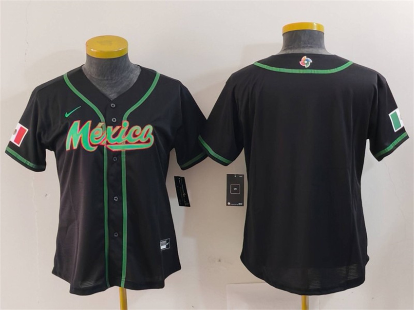 Women's Black Mexico Baseball Blank 2023 World Baseball Classic Stitched Jersey(Run Small)